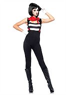 Female mime, body costume, sequins, suspenders, heart, vertical stripes